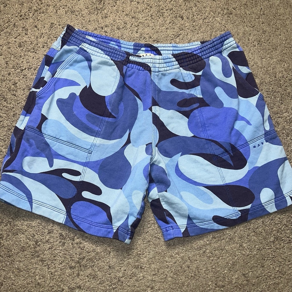 MARNI Sweat Shorts IT54 US32  Blue Camouflage Drawstring Waist